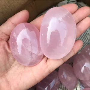 Wholesale rose quartz palm crystal gemstone natural stone flat oval shape pink tumbled stone
