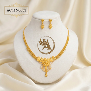 Parure Collier et Boucles d'Oreilles en Laiton Plaqué Or pour Femme, Bijoux Tendance de Mariage, Design Floral, Sertissage à Tension, Chaîne à Maillons - Product Image 1