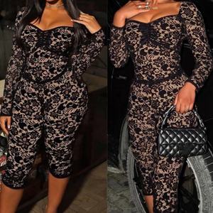 Viviblook D25ST405 automne Sexy nouvelle dentelle voir à travers haut à manches longues pantalon court deux pièces ensemble pour les femmes - Product Image 2