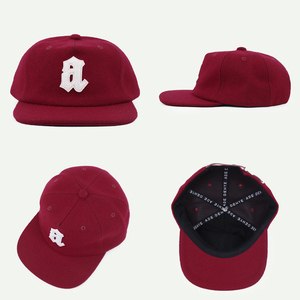 Casquette snapback vintage en feutre brodé personnalisé, logo, non structurée, profil moyen, en laine, 5 panneaux, avec sangle en cuir, bordeaux - Product Image 3