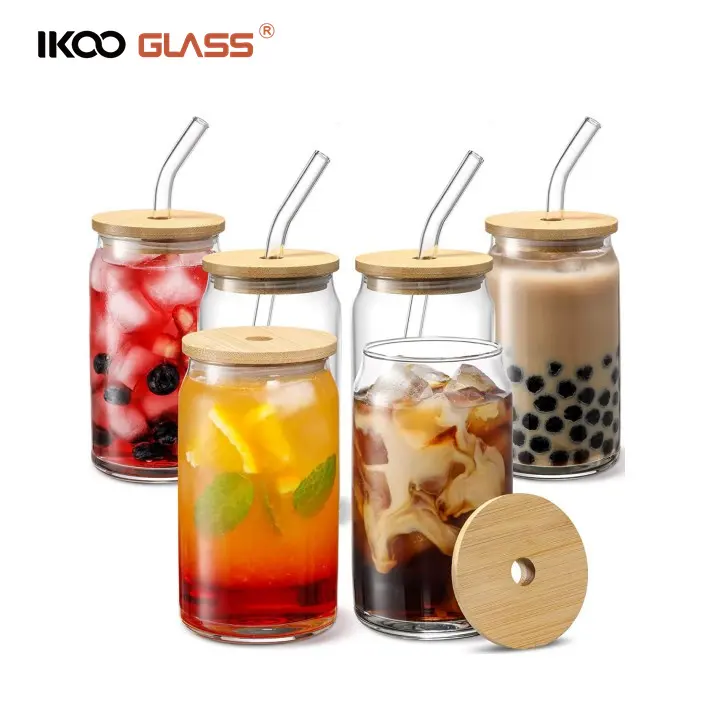 Amazon hot sale iced coffee glass cup with bamboo lid and straw