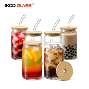 IKOO vendita calda tazza di vetro caffè ghiacciato con coperchio in bambù e cannuccia