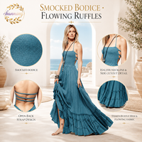 Robe longue pour femme, style bohème sans bretelles au dos et col à volants, robe d'été pour la plage et les stations balnéaires