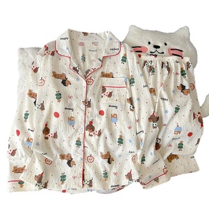 Conjunto de Pijama Feminino de Verão Leve com Manga Curta e Calça Comprida de Poliéster com Gola Lapela e Estampa de Desenho Animado de Natal - Roupa de Lazer - Product Image 5