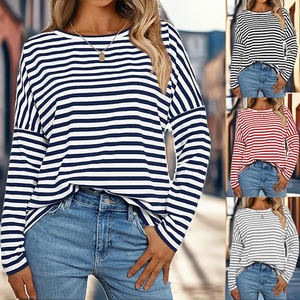 Camiseta de Mujer, Primavera 2026, Nueva Colección, Manga Larga, Cuello Redondo, Holgada, a Rayas, Transpirable, de Poliéster Tejido, Estilo Casual - Product Image 2