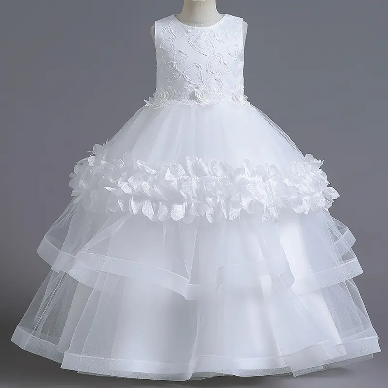 Robe de princesse pour enfants de 4 à 12 ans, tenue de soirée longue blanche, motif fleur, demoiselle d'honneur, pour filles