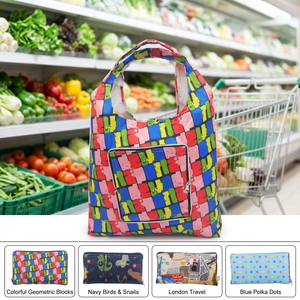 <b>Foldable</b> Shopping <b>Bag</b> 61cm Reusable Tote Geometric Print Grocery Lightweight Front Zip Pocket Shoulder Handle Eco 4 Patterns <b>Bag</b> - Product Image 1