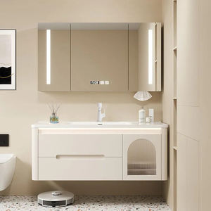 Armadietto da bagno moderno in rovere semplice con angoli arrotondati con <span class=keywords><strong>specchio</strong></span> da bagno in ceramica con <span class=keywords><strong>specchio</strong></span> da bagno in crema per lavabo Set - Product Image 2