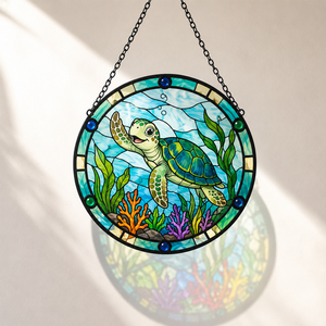 Attrape-soleil personnalisé en verre cristal Art Déco, tortue marine, cadre métallique 25 cm, scène nautique océanique, décoration suspendue pour mariage, Noël, fenêtre - Product Image 1