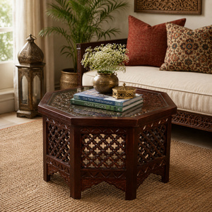 Hand-Carved Wooden Hexagon Coffee <b>Table</b> with Glass Top | Traditional Jali Design Accent <b>Table</b> - Product Image 1