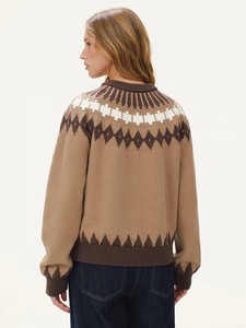 Women Knit Sweater <b>Mock</b> <b>Neck</b> Pullover Geometric Pattern Long Sleeve Cable Knit <b>Top</b> for Autumn Winter - Product Image 4