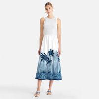 Robe midi pour femme, sans manches, col rond, corsage smocké, imprimé palmiers blancs et bleus, coupe évasée, imprimé bordure, personnalisable, vente en gros