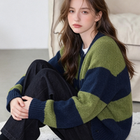 Cardigan en tricot rayé vert marine rétro pour femme, col rond ample, pull épais, manteau décontracté automne-hiver, personnalisable