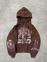 Sweat à capuche court zippé vintage délavé et déchiré avec imprimé graphique délavé pour tenues streetwear