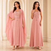 Abaya en Chiffon Deux Pièces avec Perles et Strass Faits Main, Ceinturée, pour l'Aïd, les Mariages et les Banquets du Soir