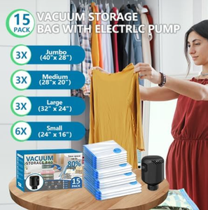 Lot de 15 sacs <span class=keywords><strong>sous</strong></span> <span class=keywords><strong>vide</strong></span> avec pompe à air électrique, économiseur d'espace pour vêtements, oreillers (3 jumbo/3 grands/3 moyens/6 petits) - Product Image 5
