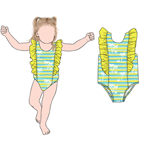 Baju Renang Anak Perempuan Motif Pohon Tropis Desain Baru dengan Ruffle Ganda Satu Potong untuk Liburan Pantai - Product Image 5