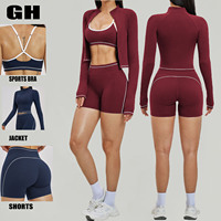 Nouvel ensemble de sport 3 pièces pour femme GH : haut à manches longues, soutien-gorge de sport dos croisé évidé et short de gym avec veste