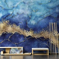 Blau-Gold Marmor Abstrakte Tuschegrafik Wandbild Luxuriöse Goldene Ader Tapete Wohnzimmer TV-Hintergrund Wanddekoration
