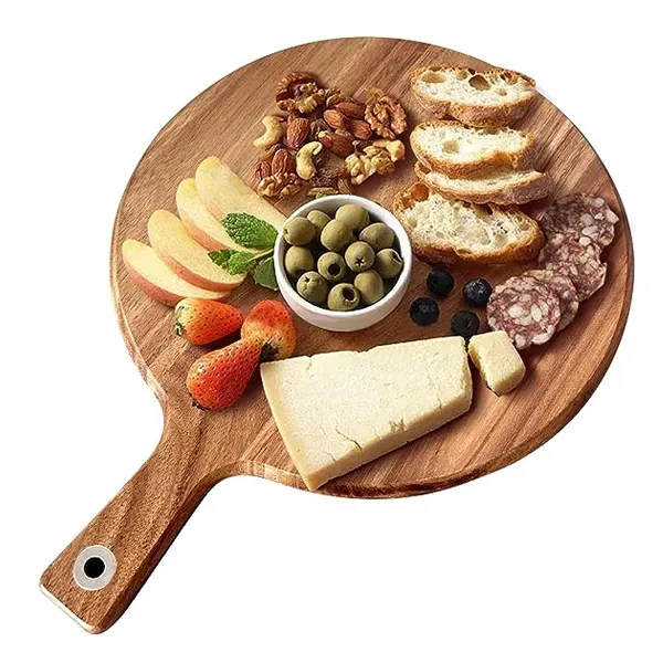 Cutting Board Cheese Paddle Fruit Chopping Board Tray For Bread Round Eco-Friendly Acacia Wood Charcuterie Board with Handle