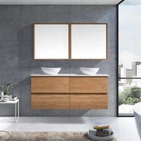 Meubles de salle de bains modernes avec dessus de table en pierre de quartz blanc Armoires à portes plates à double évier flottant en bois brun