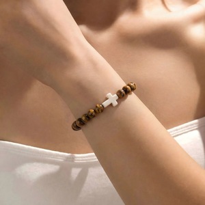 Natural Stone <b>Beaded</b> <b>Bracelet</b> Set Cross Pendant Volcanic Stone Tiger Eye Jewelry Gift for Women <b>Men</b> Fashion Accessory - Product Image 2