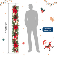 Guirlande de Noël avec nœuds rouges et dorés, lumières LED pré-éclairées, décoration festive de luxe pour cheminée/escalier