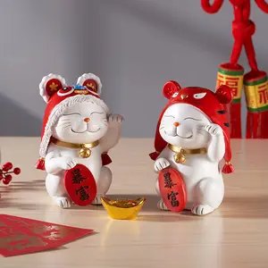 Figurine de plateau de chat porte-bonheur de style chinois en résine avec décoration de bons voeux maison petite décoration salon de table