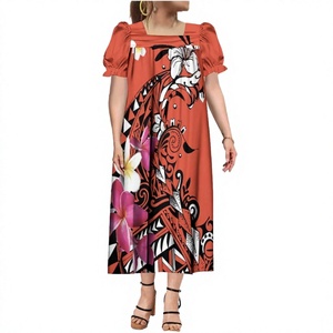Nouvelle Robe Longue Ample Grande Taille pour Femme Micronésienne, Imprimé Fleur de Plumeria, Manches Bouffantes, Col Carré, Longueur Mi-Mollet, Taille Naturelle, ODM - Product Image 2