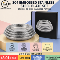 Assiettes en acier inoxydable 304 à motif martelé, poli miroir, empilables, 16, 18, 20, 22 cm, coffret cadeau – Vente directe usine