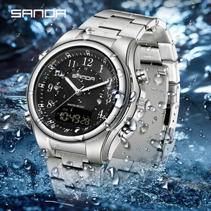 Sanda 3176 reloj banda de acero reloj de cuarzo electrónico luz nocturna multifuncional reloj despertador impermeable reloj de tendencia de moda - Product Image 5