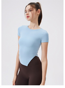 Women Ruched Side <b>Asymmetrical</b> <b>Hem</b> Yoga Crop <b>Top</b> Short Sleeve Slim Fit Stretch Athletic T-Shirt Gym Pilates Sports Tee Wholesale - Product Image 3