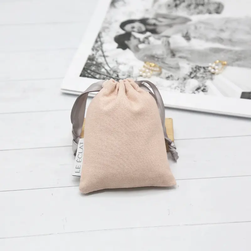 Promotionallinen Bags Custom Mini Drawstring Pouch Cotton Linen Packaging Bag With Pink Screen Printing Gift Packaging Accept