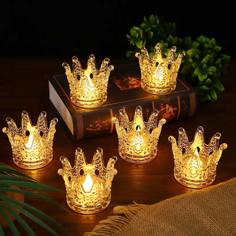 Groothandel Kroon Vormige Led Theelicht Kaarsen Plastic Crown Candle Light Up Mini Crown Bruiloft Kaars Voor Thuis Deco