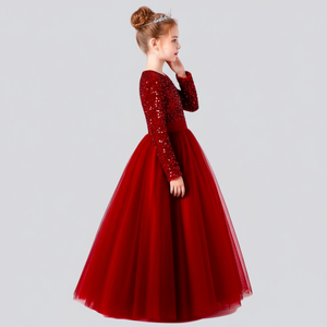 Robe de princesse en tulle doux brodée de velours rouge et de paillettes pour filles, robe de soirée pour enfants - Product Image 3