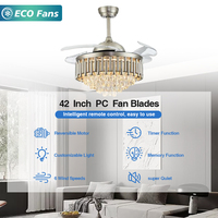 Ventilateur de plafond en cristal doré de 42 pouces, prix d'usine, silencieux, télécommande, six vitesses, avec lumière chaude