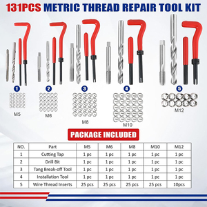 Jeu de 131 pièces métriques HSS 45 #   Kit d'outils de <span class=keywords><strong>réparation</strong></span> de filetages <span class=keywords><strong>Helicoil</strong></span> en acier pour véhicules M5-M12, marque SOOLU, garantie 12 mois - Product Image 2