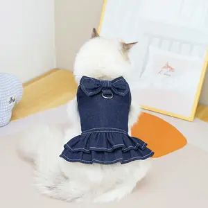 Pet Supplies Clothing Big Bow Tie Denim Suit Kitten Sexy With D-Traction Ring Cowboy Bow Tie Pet Dress Cat Floral Skirt