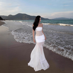 Sheer Mesh Strapless Dress Natural Waist Square Neck White Solid Color Beach Cover Up Travel Style - Product Image 5