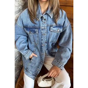 Chaqueta vaquera azul oversize para mujer, estilo vintage, de algodón, con botones al frente, manga larga, prenda exterior de moda. - Product Image 1