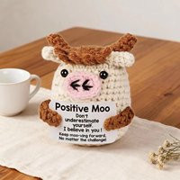 Peluche en crochet en forme de vache Positive Moo, jouet amigurumi fait main, cadeau reconfortant pour enfants et adultes, adorable décoration pour la maison