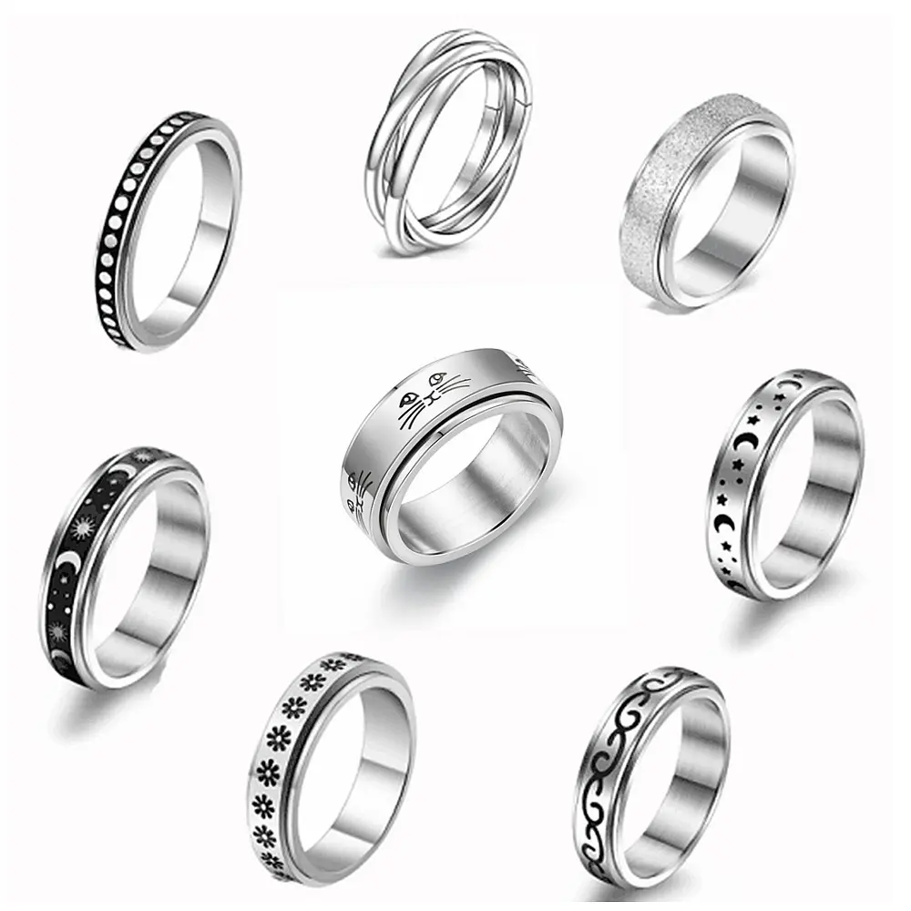 2022 Anxiety Ring Fidget Spinner Rings For Women Men Stainless Steel Rotate Freely Cat Moon and Star Anti Stress Jewelry Ring