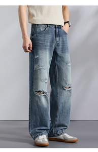 Jeans de mezclilla al por mayor para hombre, corte recto, ajuste regular, holgados hasta la rodilla, pierna ancha, rasgados, estilo baggy - Product Image 6