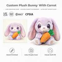 Peluche personnalisée OEM Lapin violet à grandes oreilles tenant une carotte, poupée Kawaii aux grands yeux, jouet en peluche, cadeau en peluche personnalisé