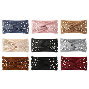 Diadema deportiva de algodón acanalado con perlas, color liso, absorbente de sudor, para lavarse la cara, venta al por mayor de fábrica, novedad transfronteriza - Product Image 1