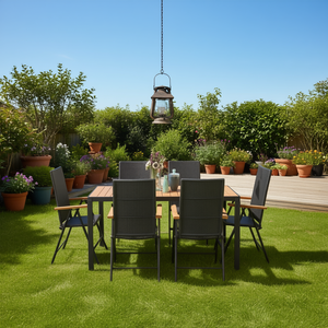 <b>Large</b> Garden Set Black Aluminum <b>Frame</b> PE Rattan WPC Outdoor Dining 6 Seater Contemporary Style Weather Resistant - Product Image 2