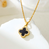 Collier de luxe en acier inoxydable doré avec zircon, motif animal trèfle, design double face noir et blanc pour femme, pour anniversaire