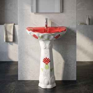 Rustic Red Oval Ceramic Wash <b>Basin</b> with Full Pedestal Designer Lavabo Sink for Modern Hotel Bathroom - Product Image 2