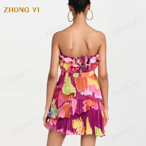 Abbigliamento personalizzato estate donna stampa floreale senza spalline corto parzialmente elasticizzato arricciato spalline aperte dietro Mini abiti Sexy - Product Image 4