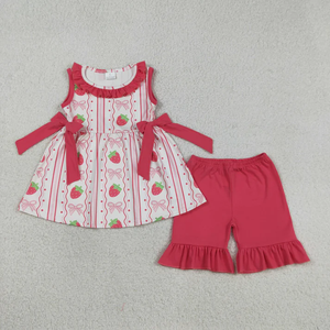 Conjunto de verano para niñas pequeñas, túnica sin mangas con lazos de fresa, pantalones cortos rosas - Product Image 1
